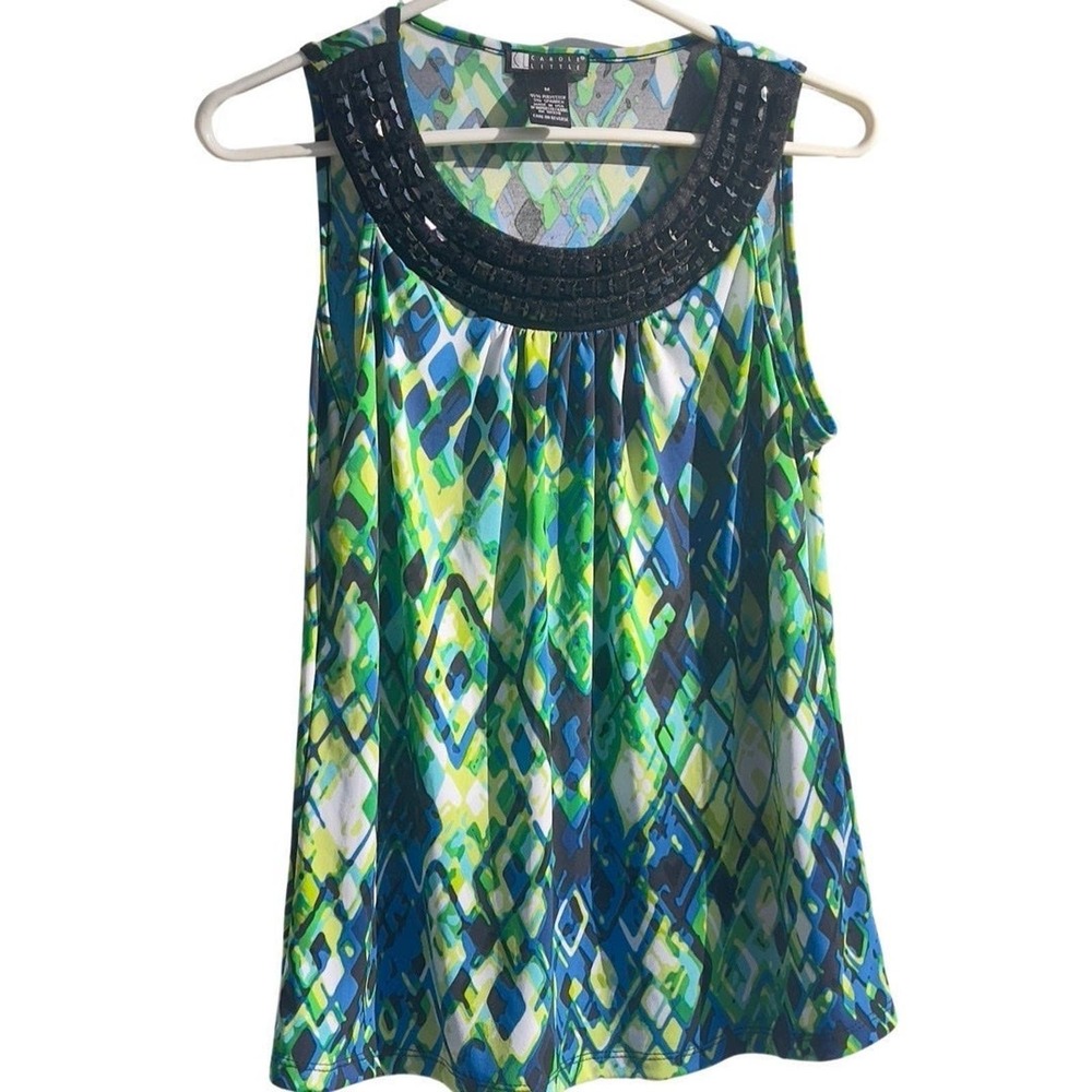 Carole Little Sleeveless Blouse Embellished Office Party - Blue Green - Size M